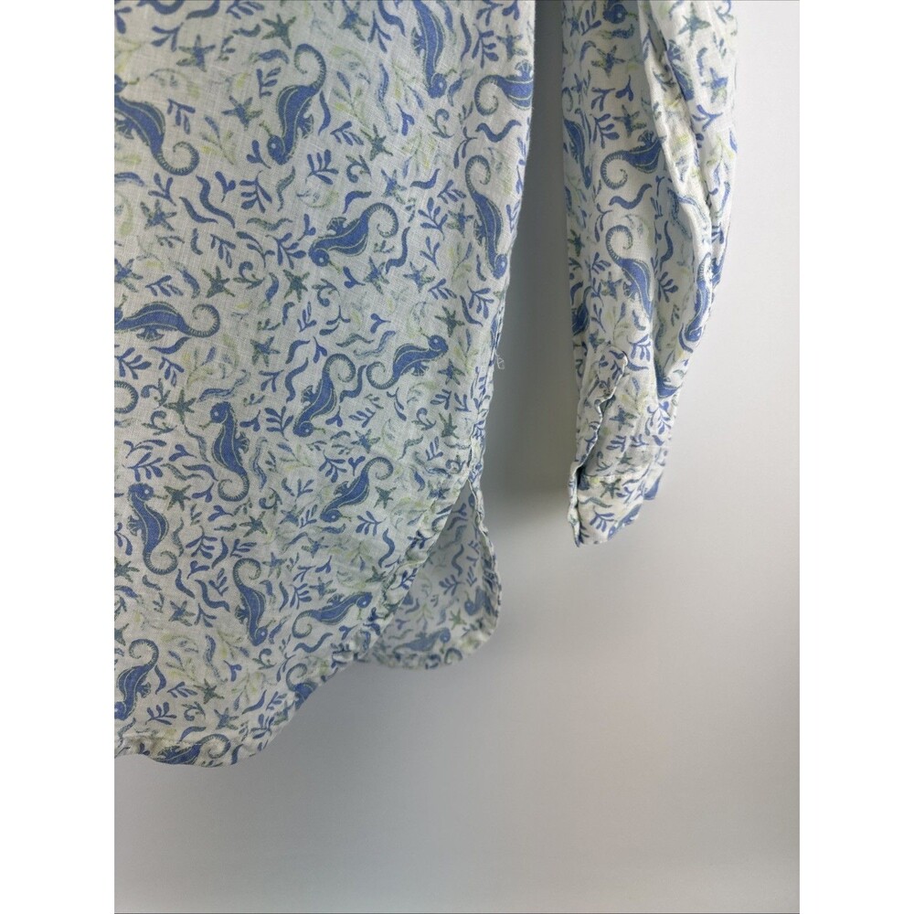 Sigrid Olsen Linen Tunic Shirt Button Down White Blue Seahorse Roll Tab Sleeves - Picture 5 of 11
